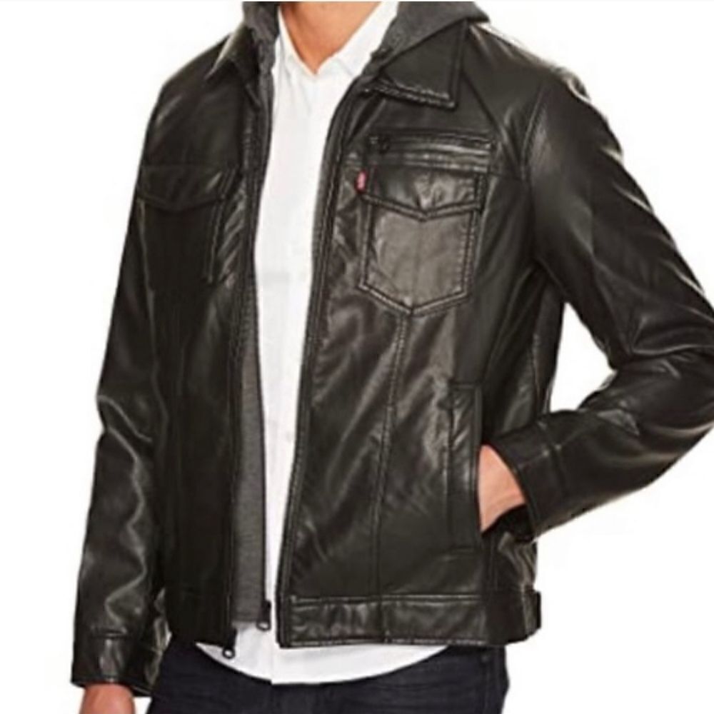 Levi’s Black Faux Leather Sherpa Hooded Bomber Jacket Sz XL - Picture 2 of 16